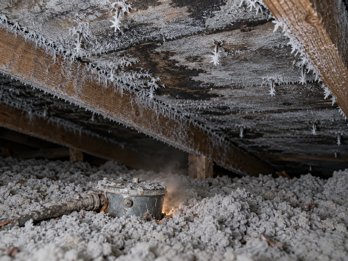 Warm air escaping around a ceiling fixture into the cold attic of an Edina rambler, frost on the roof deck