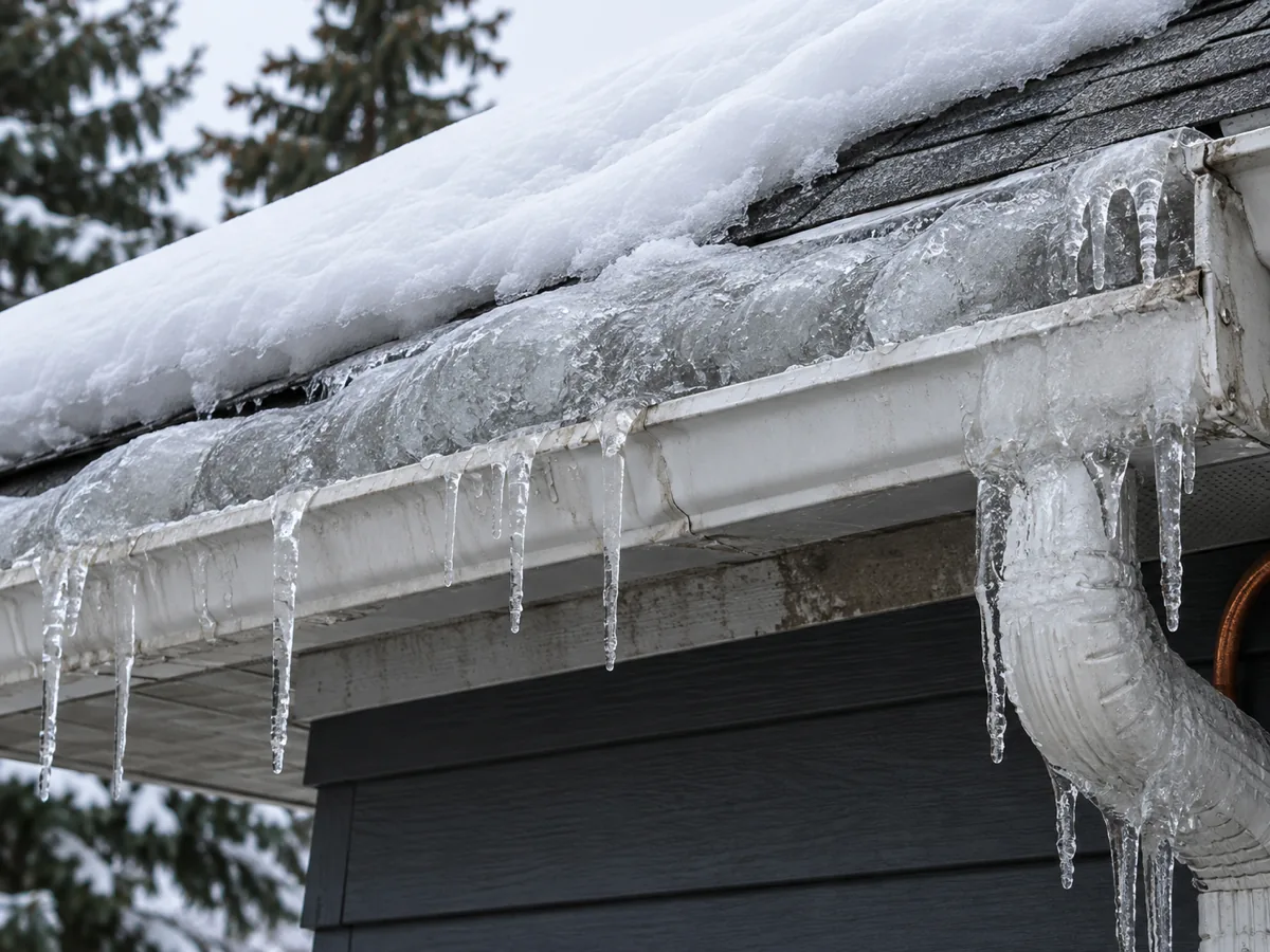 Aluminium gutter packed solid with ice and hanging icicles on an Edina home, a sign the eave is damming meltwater