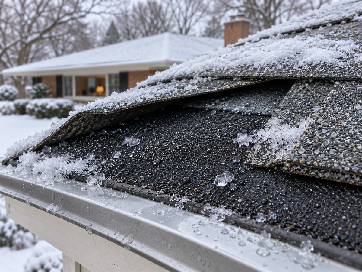 Black ice barrier membrane under shingles at the eave of an Edina home, the layer that resists ice dam leaks