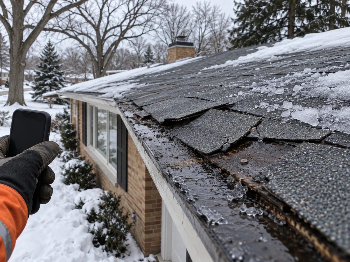 Shingles lifted and cracked by an ice dam at an Edina eave, photographed before a permitted re-roof