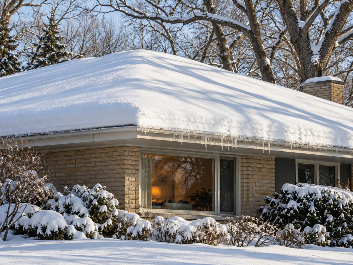 Deep snow resting on the low-pitched roof of an Edina rambler with ice starting along the eave