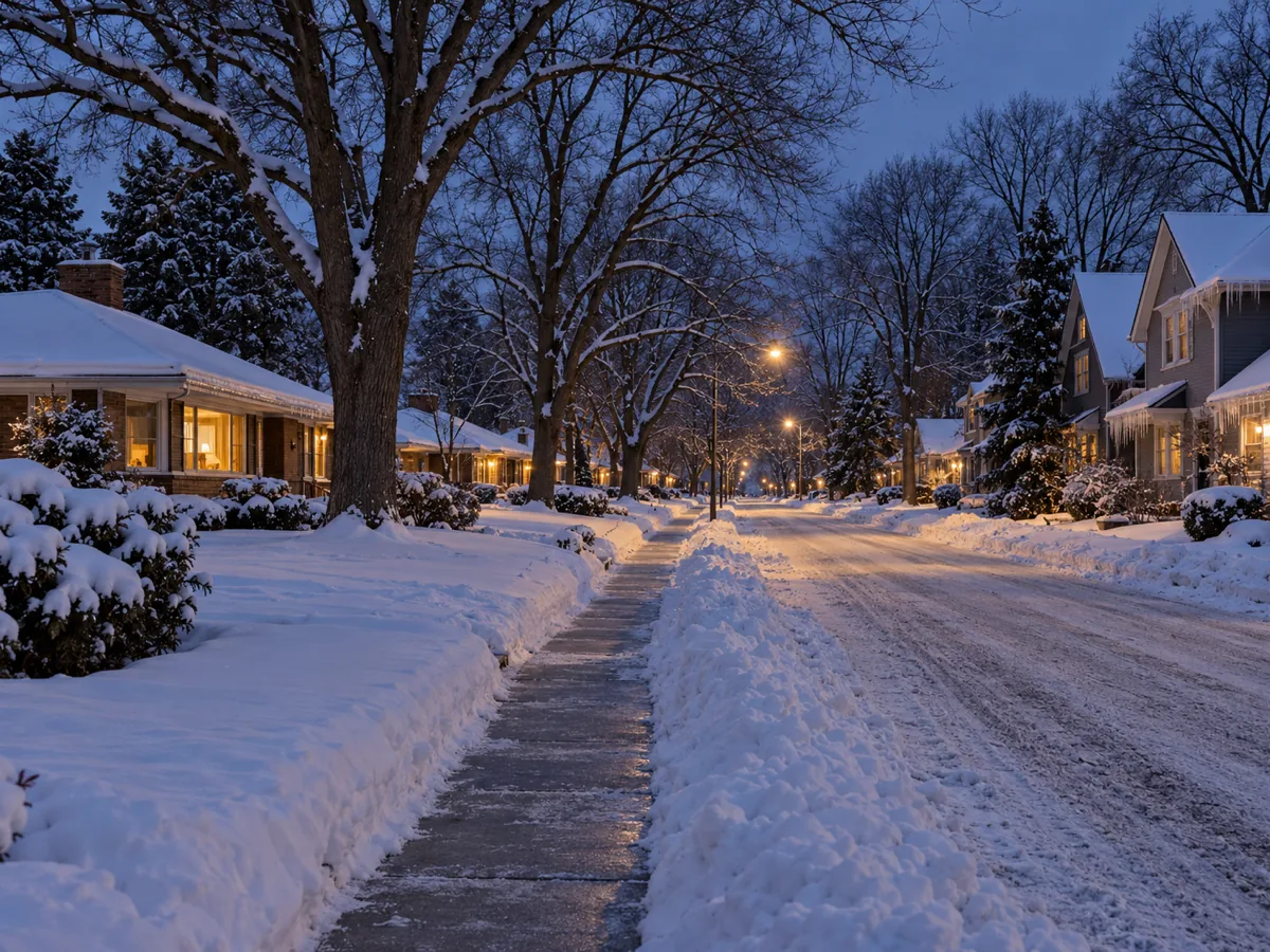 Snowy street on the Edina and Minneapolis border lined with ramblers and older homes with iced eaves
