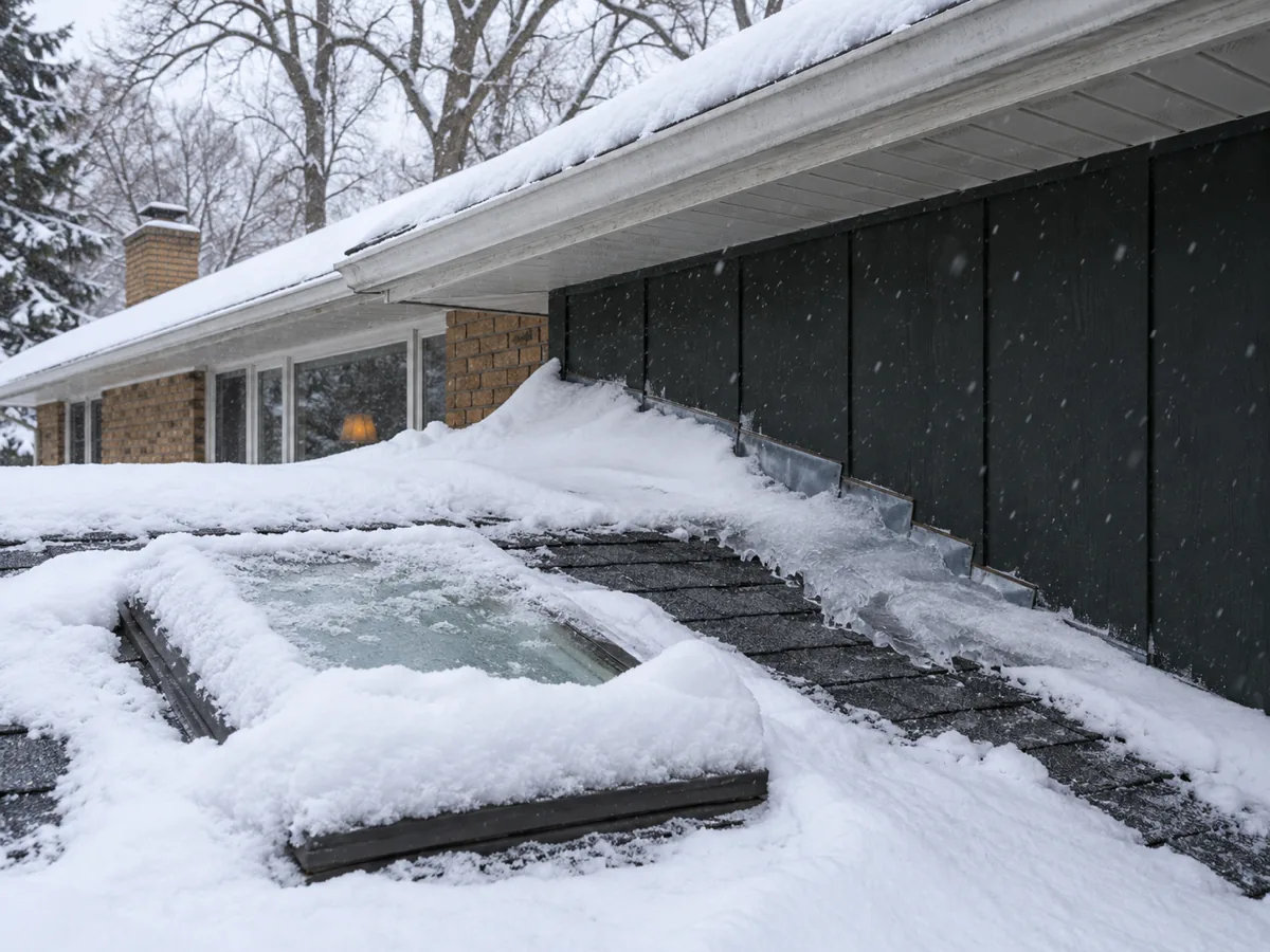 Drifted snow and ice where a porch addition roof meets a taller wall and skylight on an Edina home