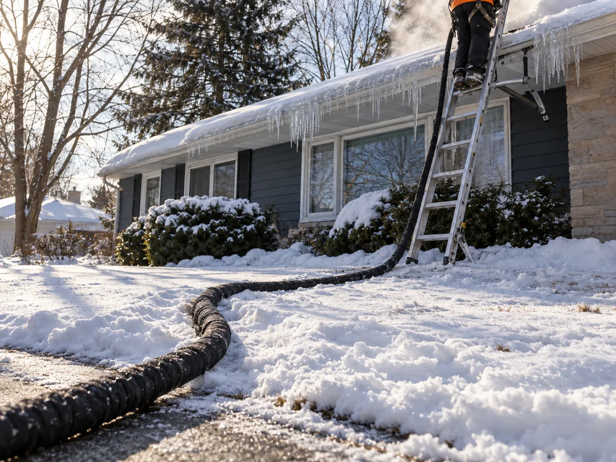 Insulated steam hose run across the snow to a ladder set at an iced eave of an Edina rambler