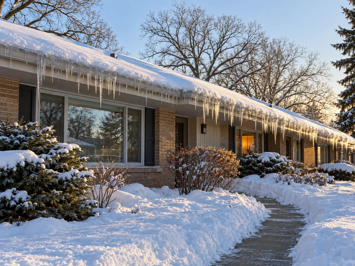 Ice dams along the long common eave of single-storey attached townhomes in Edina, MN