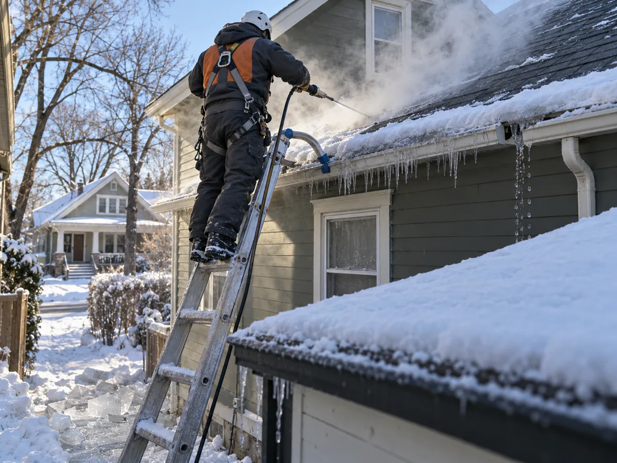 Technician steaming the back eave of a Minneapolis bungalow from the alley side, gutter outlet freed