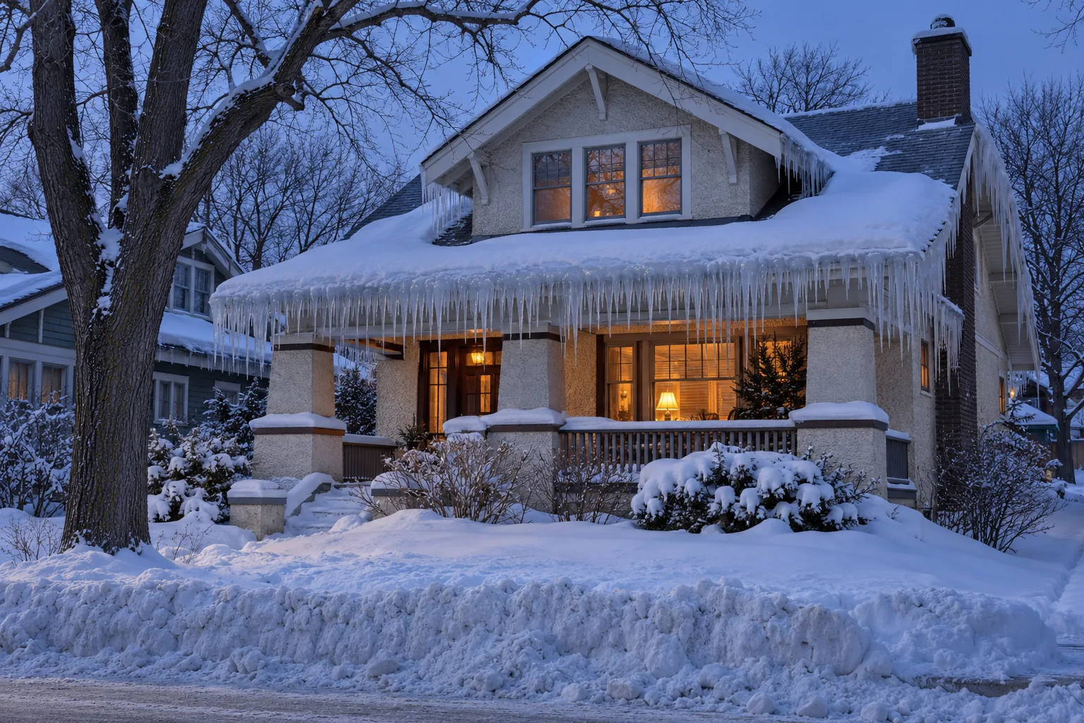 1920s story-and-a-half Minneapolis bungalow under deep snow with a heavy ice dam and icicles along the porch eave