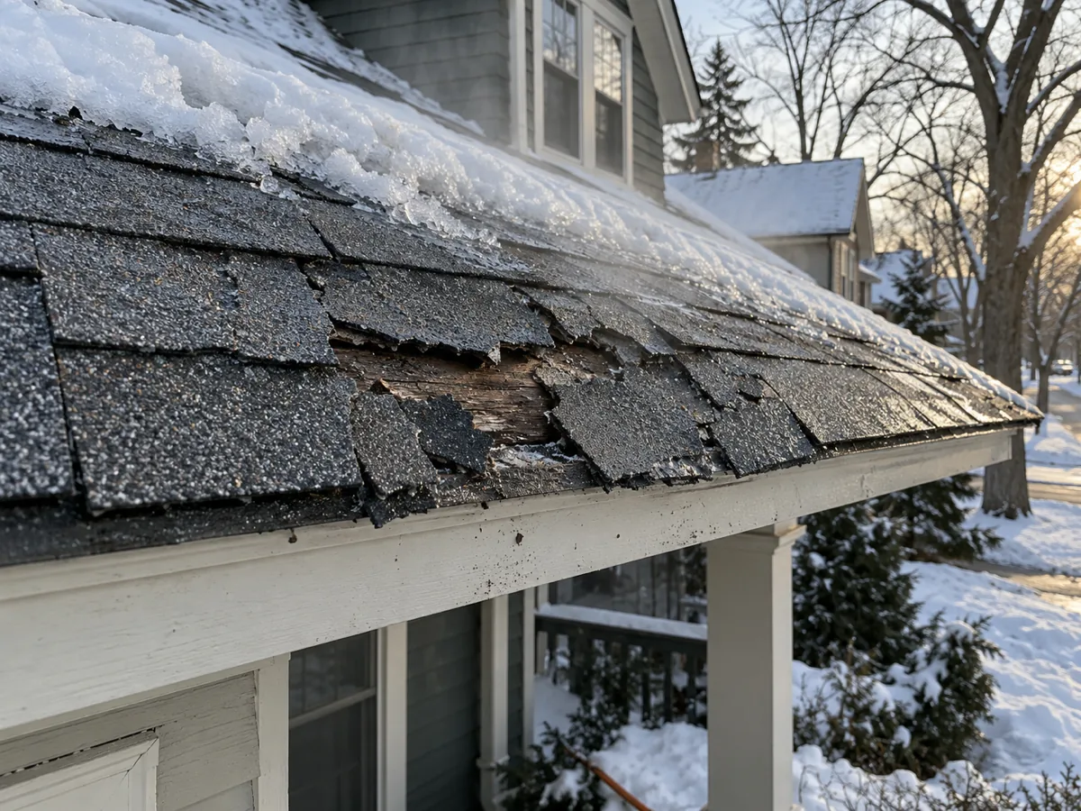 Cracked shingles exposed at a Minneapolis eave after an ice dam was steamed off, damage a roofer would repair
