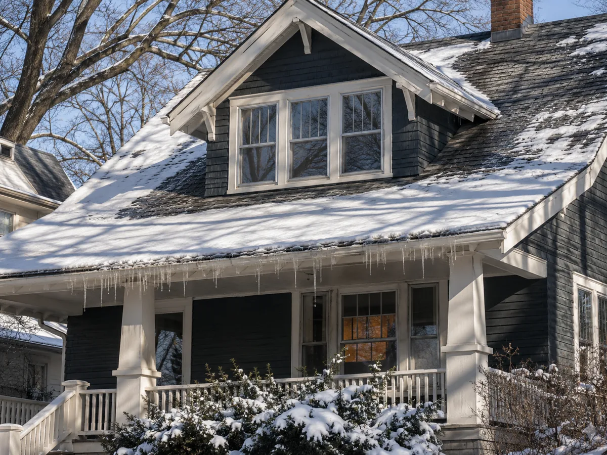 December thaw melting snow on the south-facing roof of a Minneapolis bungalow, icicles dripping at the eave