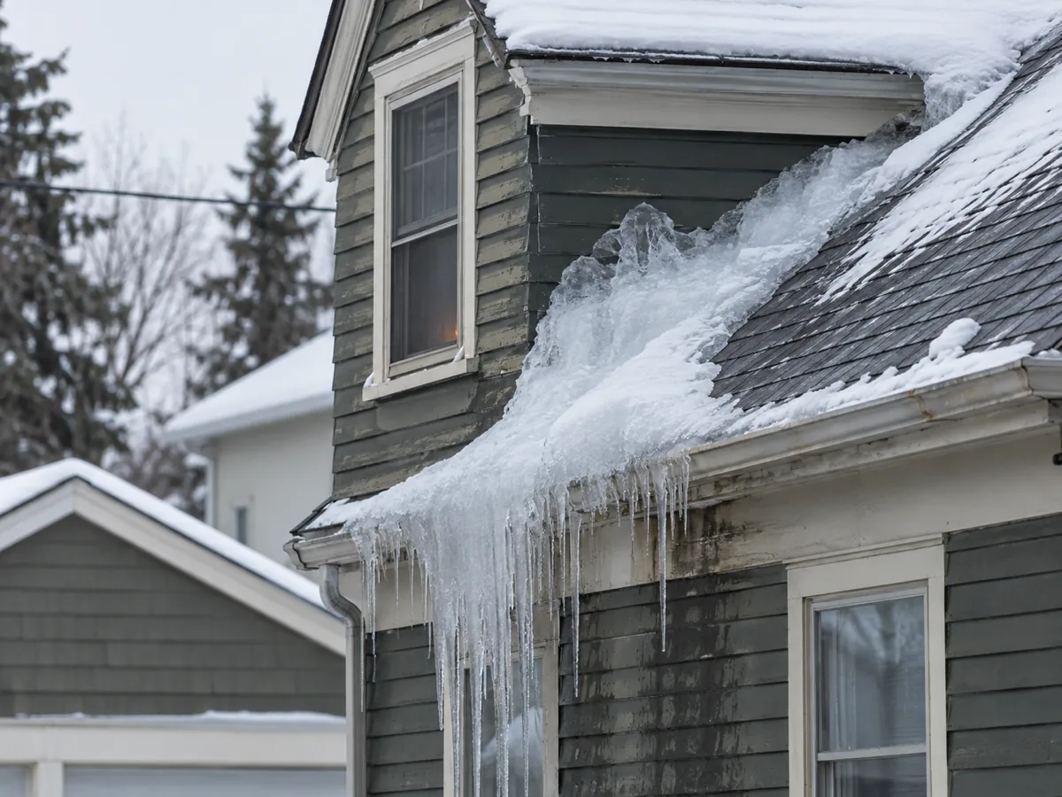 Ice built up where a dormer meets the main roof of an older Minneapolis house, a common ice dam spot