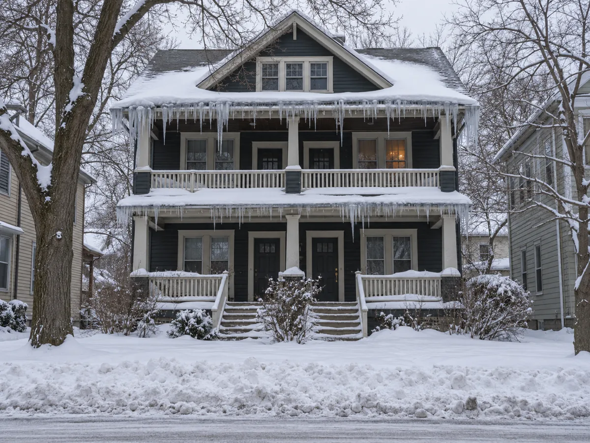 Ice dams on the main eave and stacked porch roofs of a two-unit Minneapolis duplex
