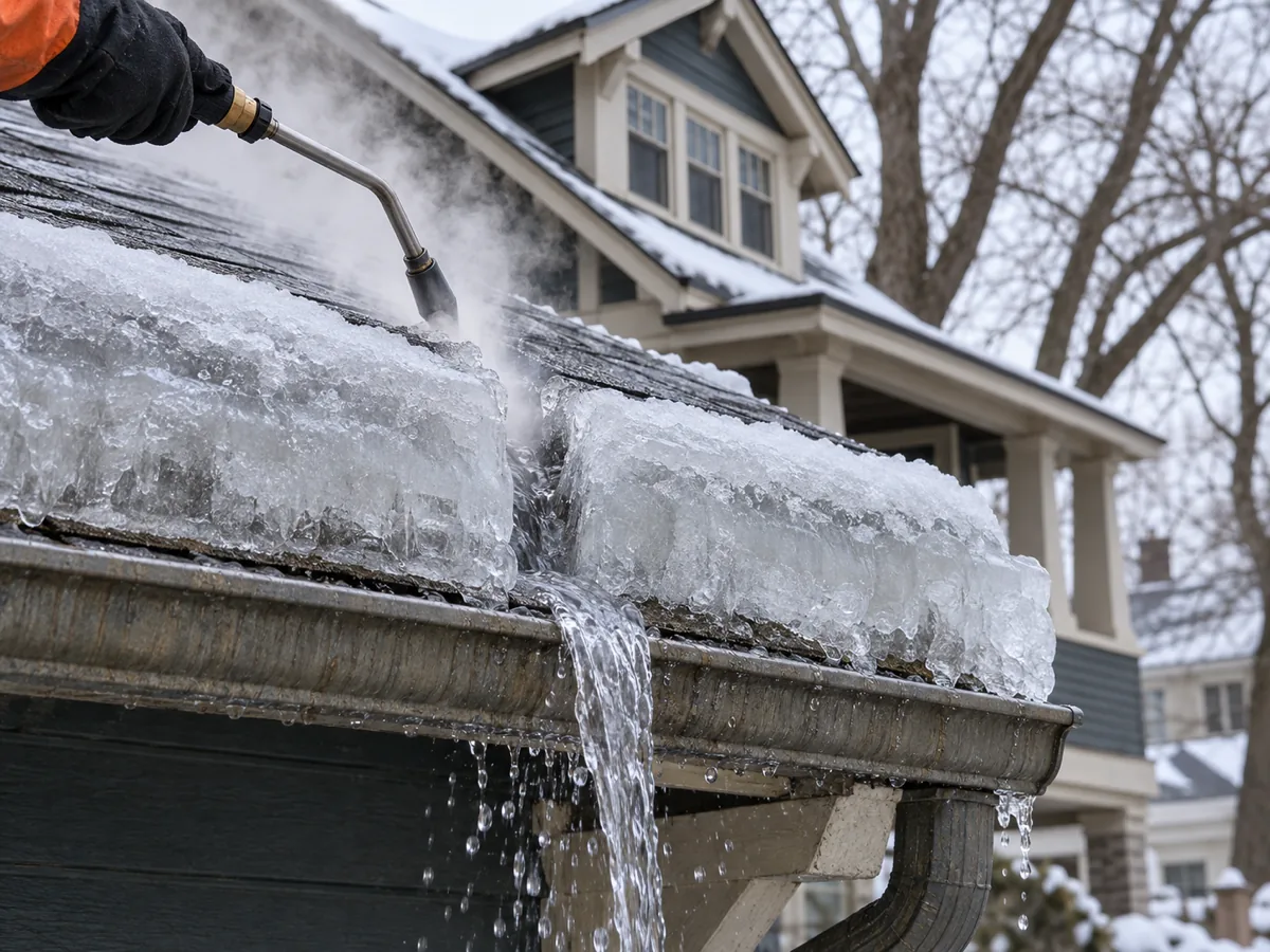 Steam wand cutting a leak channel through an ice dam on a Minneapolis home so trapped meltwater drains