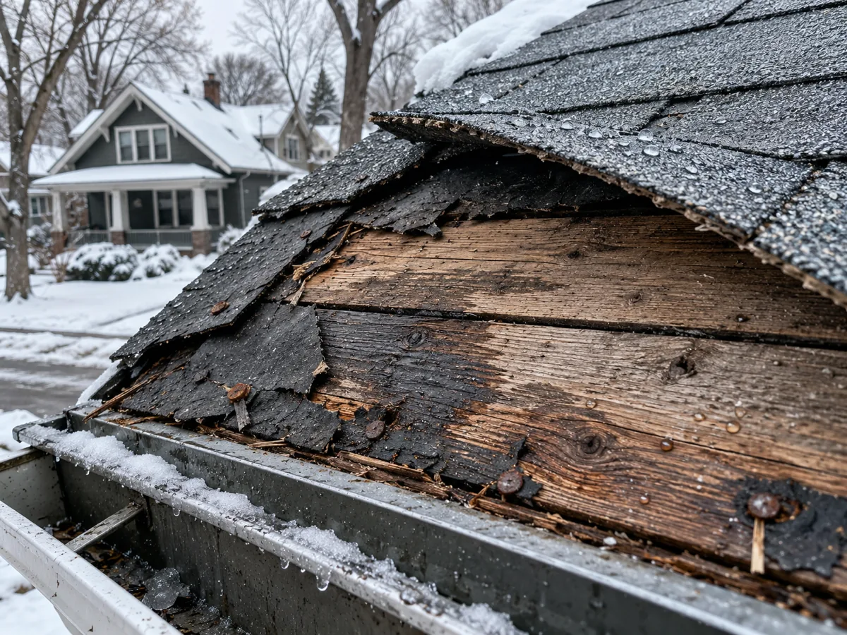 Older Minneapolis roof edge with plank decking and felt paper but no ice barrier membrane under the shingles