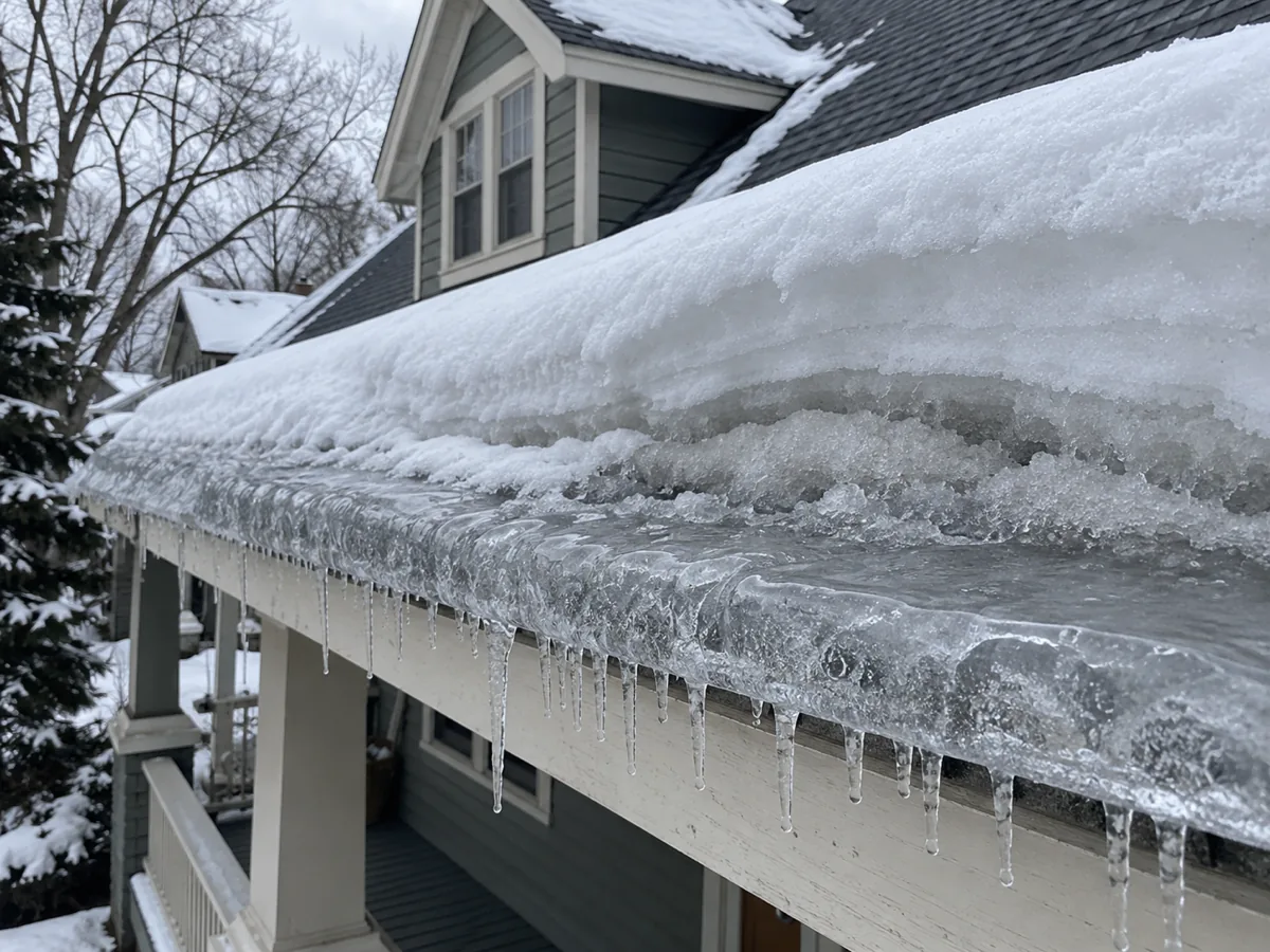Deep snow piled behind an ice dam on the low-slope porch roof of a Minneapolis bungalow