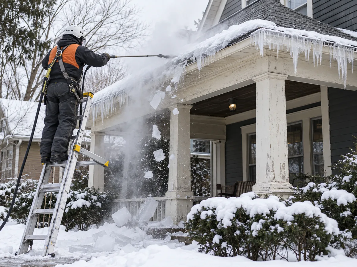 Technician on a ladder steaming ice off the low porch roof of a Minneapolis bungalow in winter