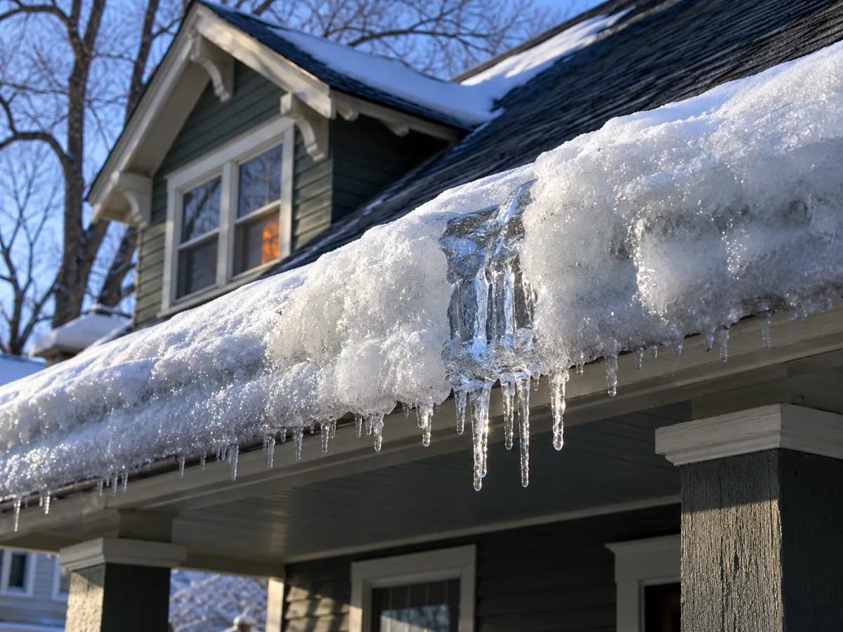 A melted drain channel refrozen solid in an eave ice dam after days of hard freeze in Minneapolis