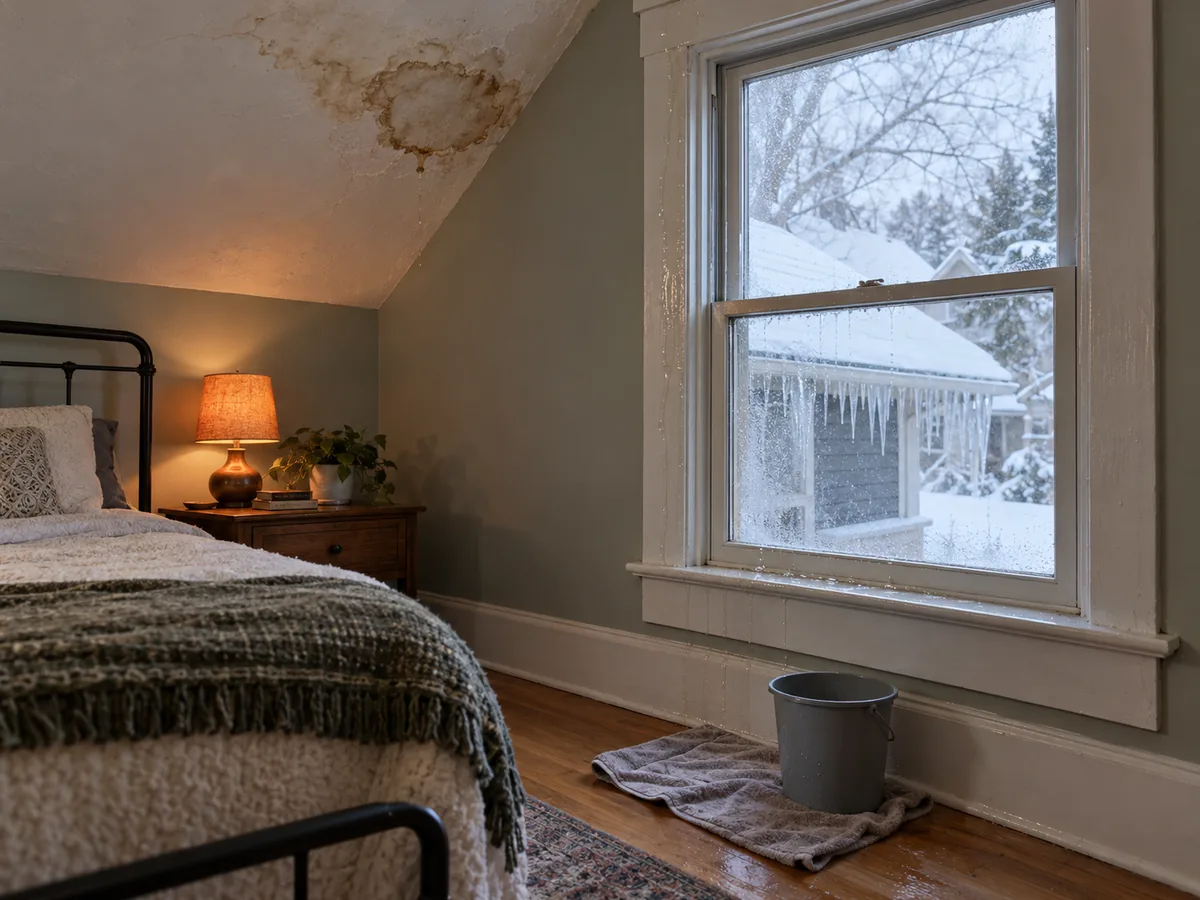 Brown water stain spreading on a bedroom ceiling and meltwater running down a window frame during an ice dam thaw