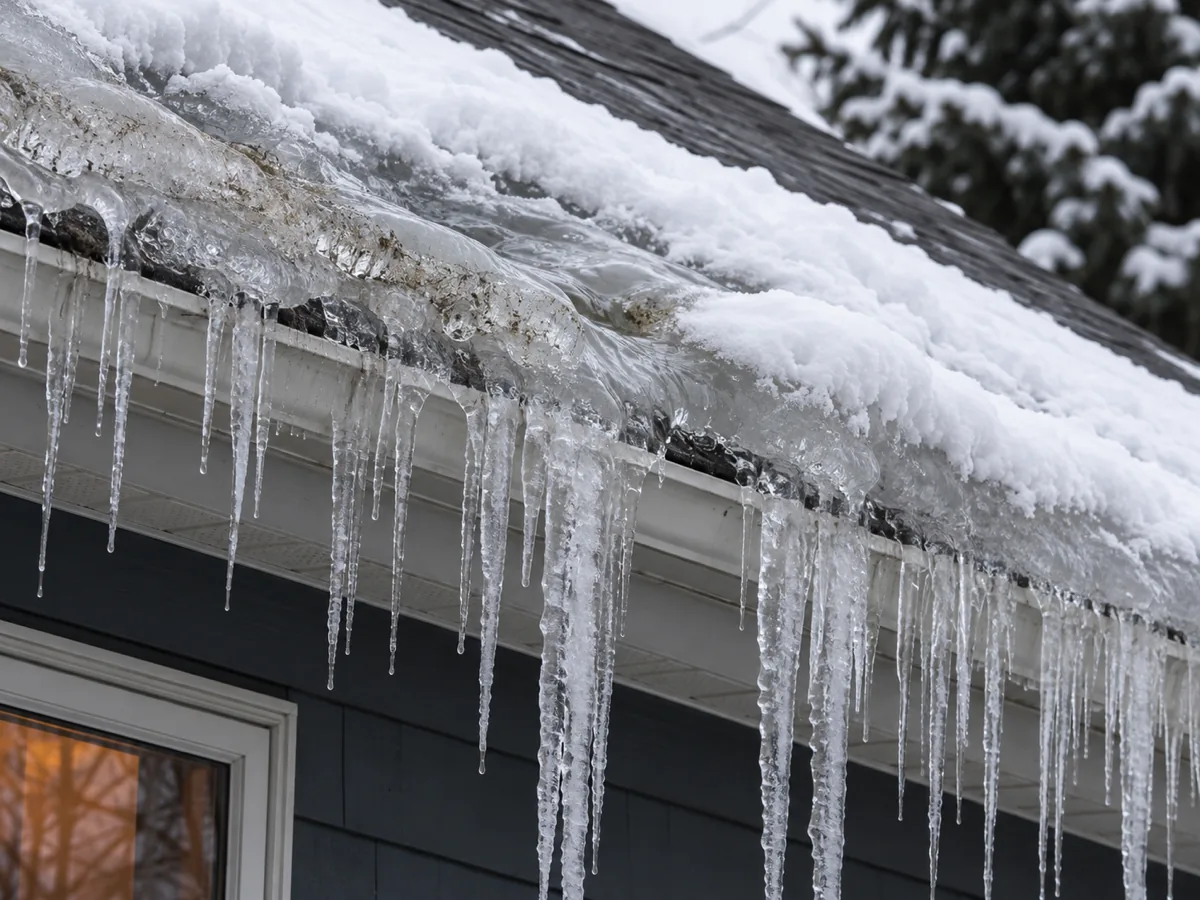 Thick ridge of ice and icicles along a snowy roof edge in Minnesota, the classic ice dam that traps meltwater