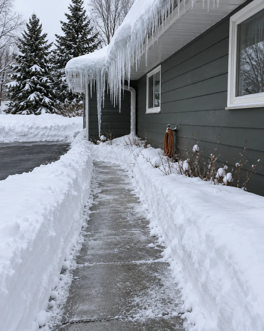 Shovelled path and driveway beside a snowy Minnesota house with heavy eave ice, clear access before an ice dam crew arrives