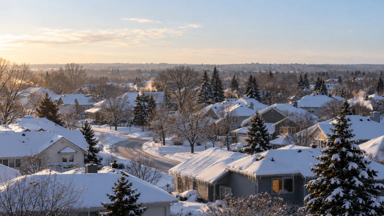 Elevated winter view over snow-covered suburban rooftops and bare oaks in the Twin Cities metro of Minnesota