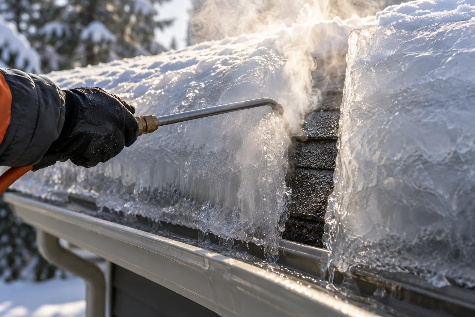 Low-pressure steam wand cutting a channel through an ice dam to bare, undamaged shingles on a Minnesota roof