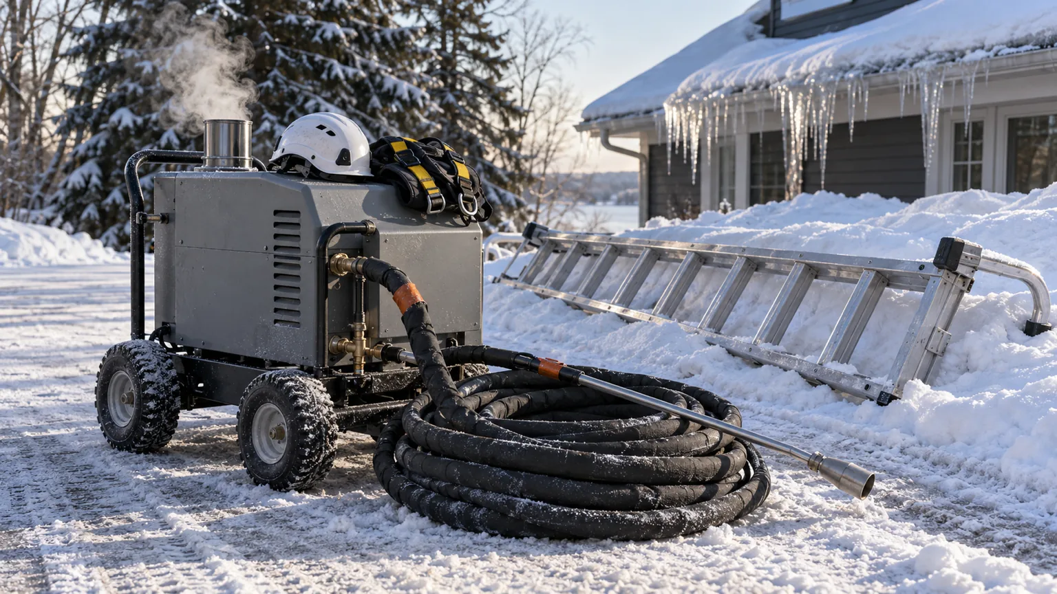 Unbranded steamer with coiled insulated hose, ladder and harness ready on a snowy Minnesota driveway for ice dam removal