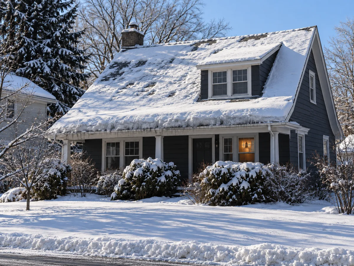 Snow melting thin on the warm upper roof of a Minnesota house while ice builds at the cold eave