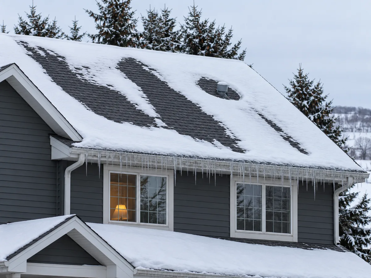 Melted patches above upstairs bedrooms on a 1990s Rochester home roof, a sign of attic heat feeding ice dams