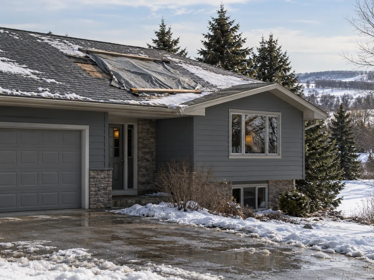 Ice-dam-damaged eave on a Rochester home under a temporary tarp, waiting on a permitted re-roof