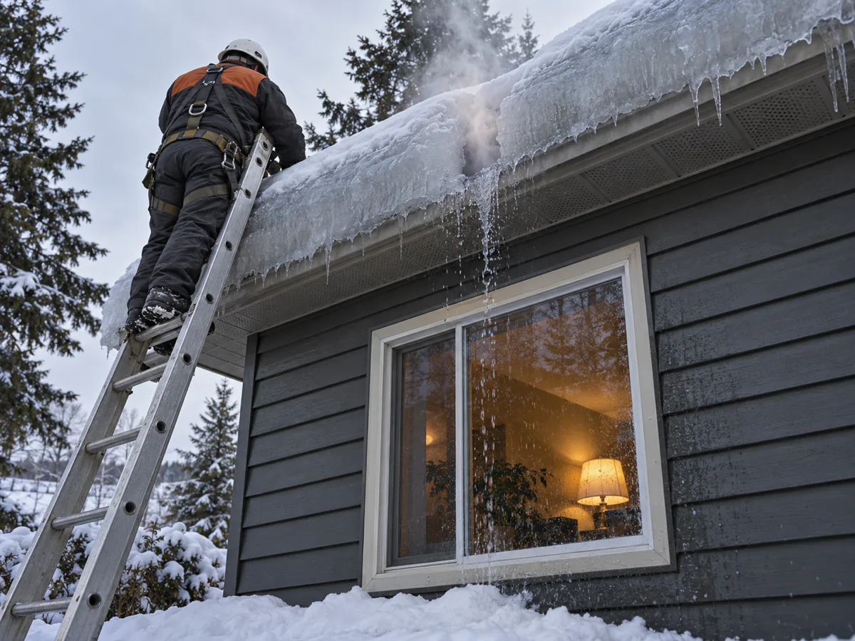 Technician steaming a drain path through an ice dam directly above a leaking window on a Rochester home