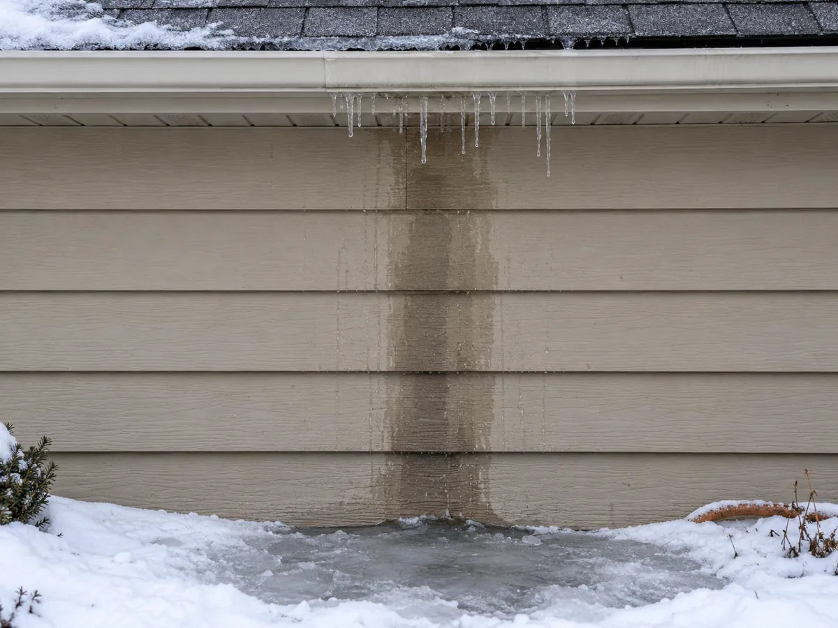 Icicles and a dark meltwater streak on the siding below an ice dam on a Rochester, MN house
