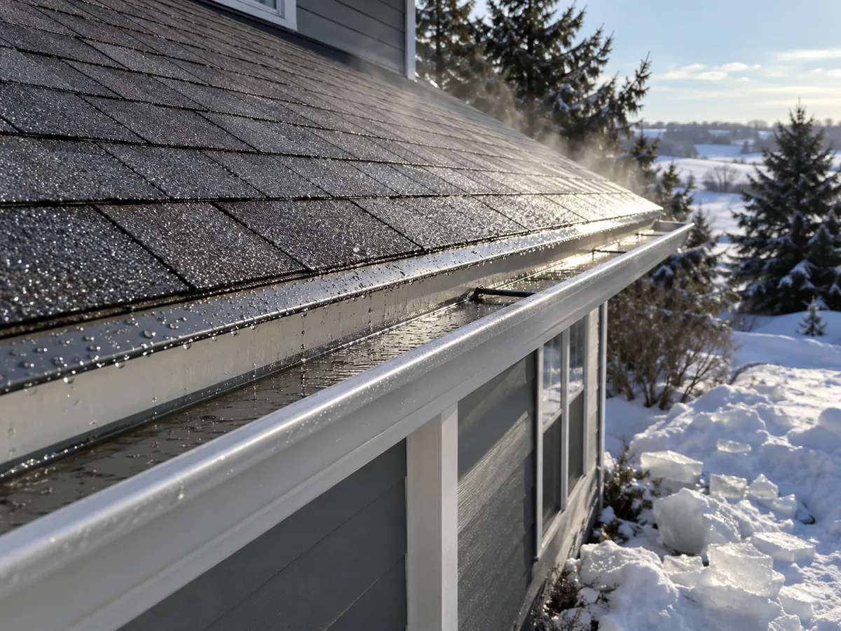 Intact shingles and drip edge on a Rochester eave just after an ice dam was steamed off