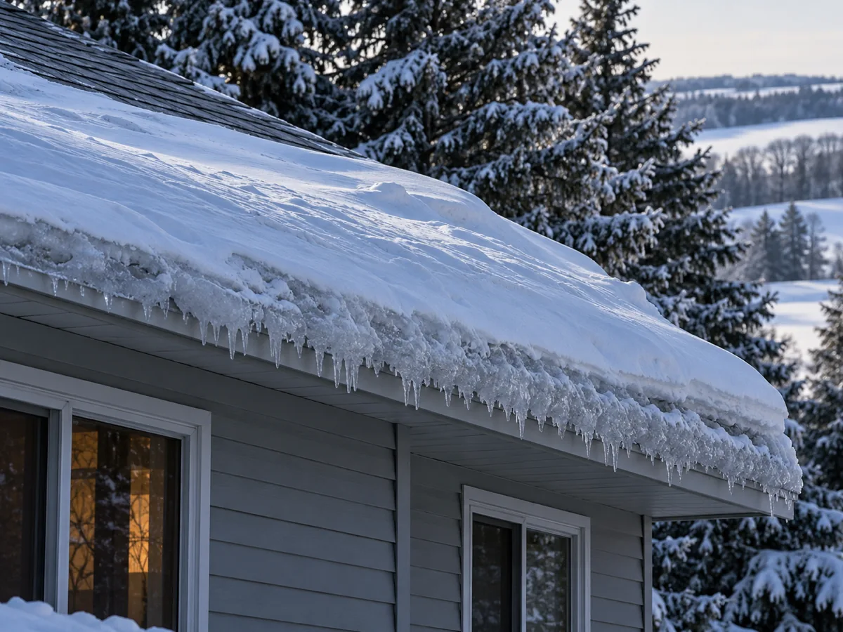 Wind-packed snow on the shaded north roof of a Rochester split-entry home, hard ice along the eave