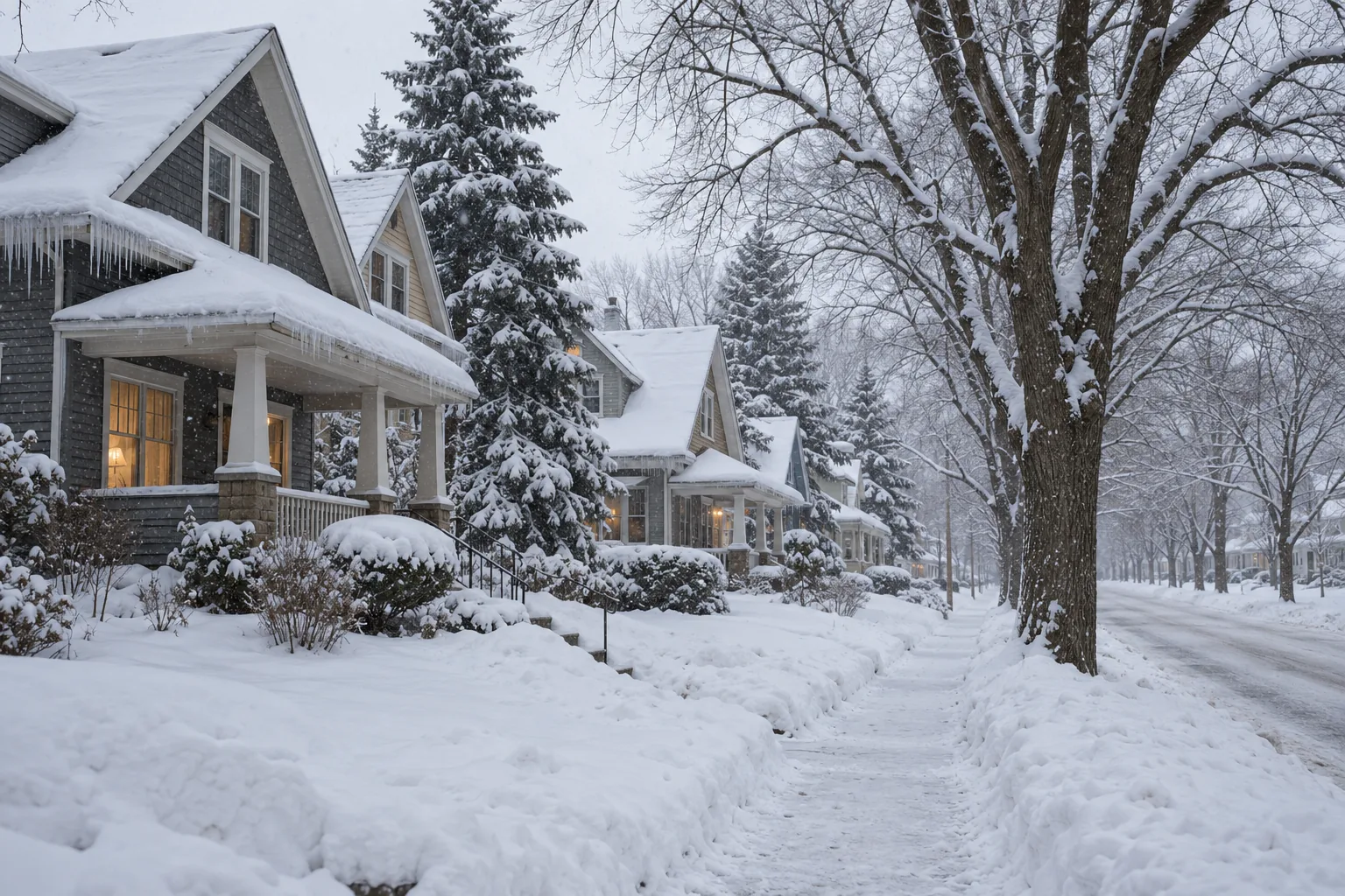 Older story-and-a-half homes on a snowy Rochester, MN street with ice dams and icicles on their eaves