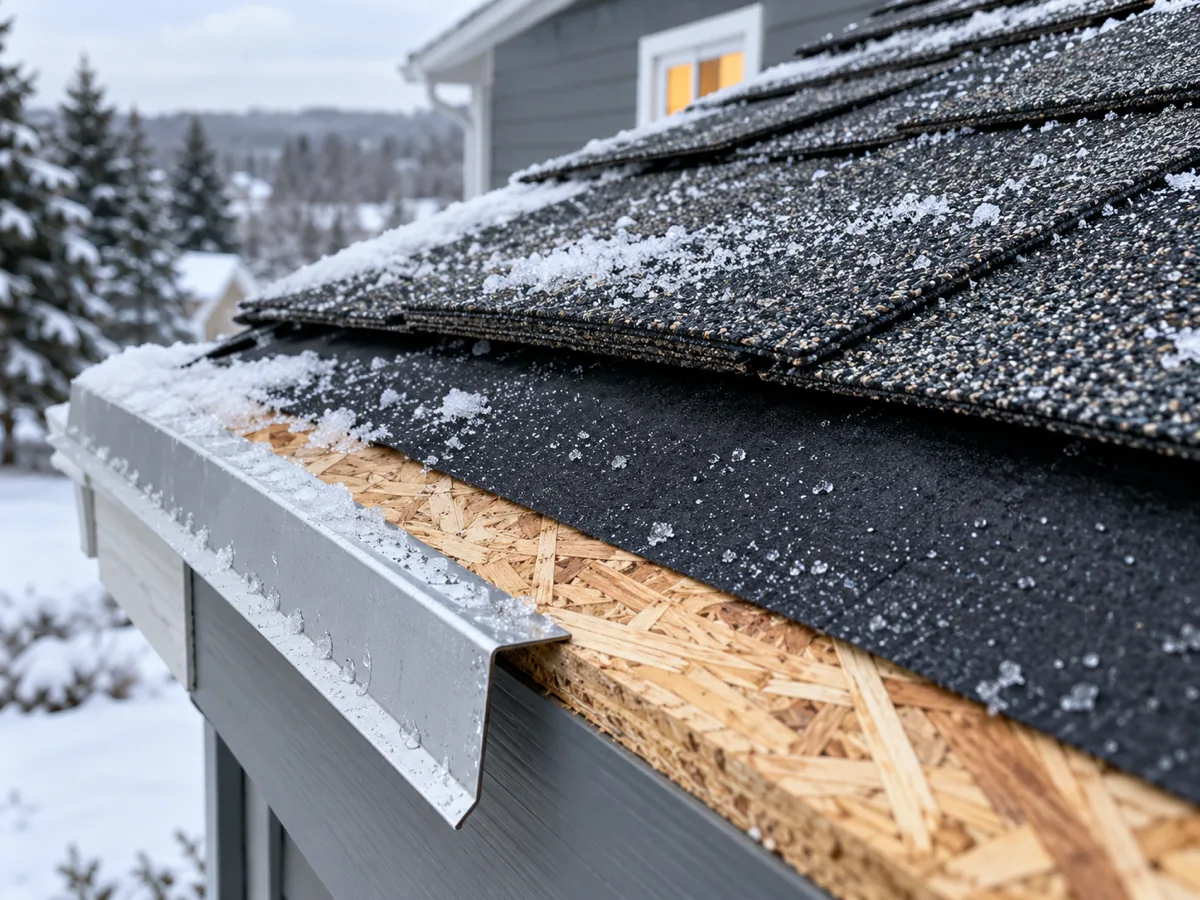 Roof sheathing, ice barrier underlayment and shingles layered at the eave of a Rochester home