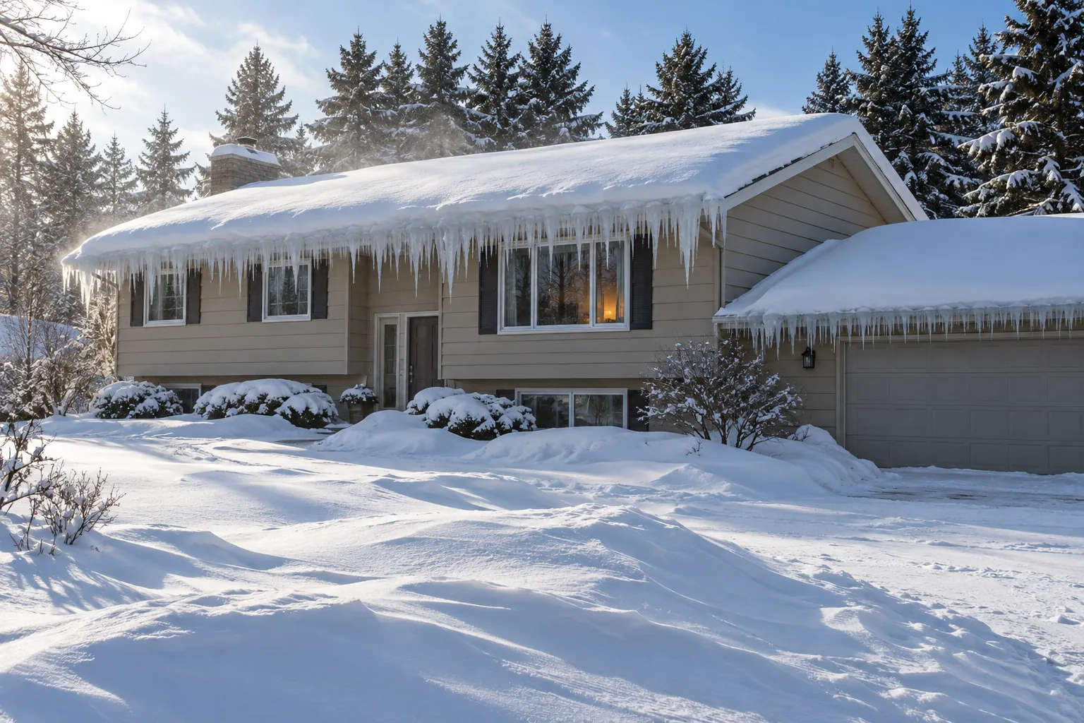 1980s Rochester split-entry home under 50-plus inches of seasonal snow with ice dams and icicles on the eave