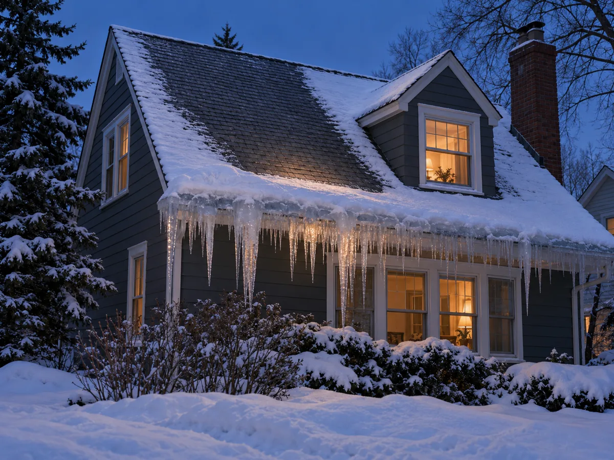 Story-and-a-half Rochester home with snow melted over the upstairs rooms and heavy ice at the eave