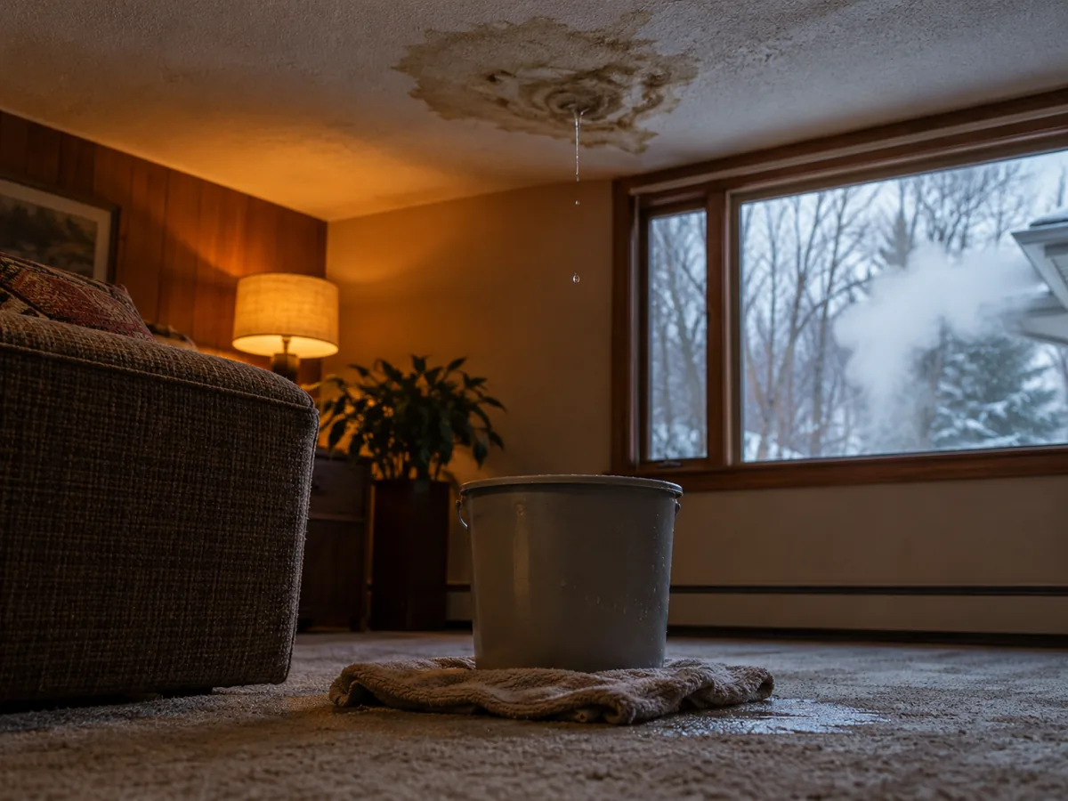 Ceiling leak in a Roseville family room while a drainage channel is steamed through the ice dam outside