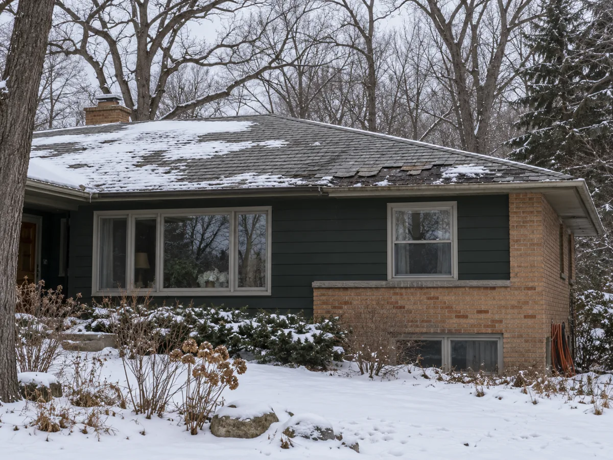 Roseville rambler with ice-dam-damaged shingles along the eave before a permitted roofing repair