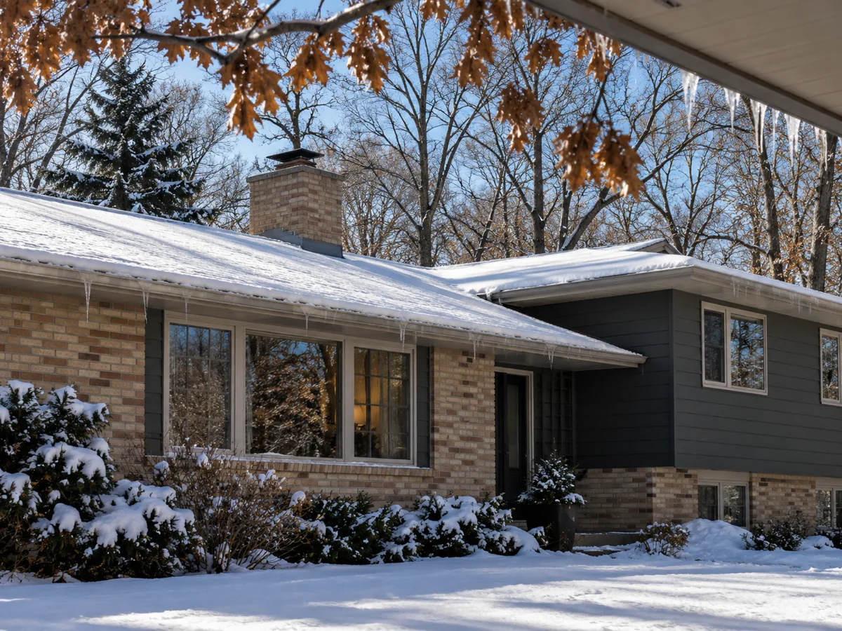 First thaw of December melting fresh snow on a Roseville roof and starting icicles at the eave