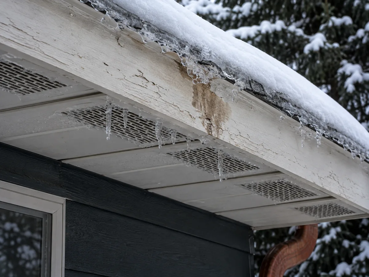 Ice bulging out of a soffit vent and fascia on a Roseville home, meltwater forced back under the roof edge