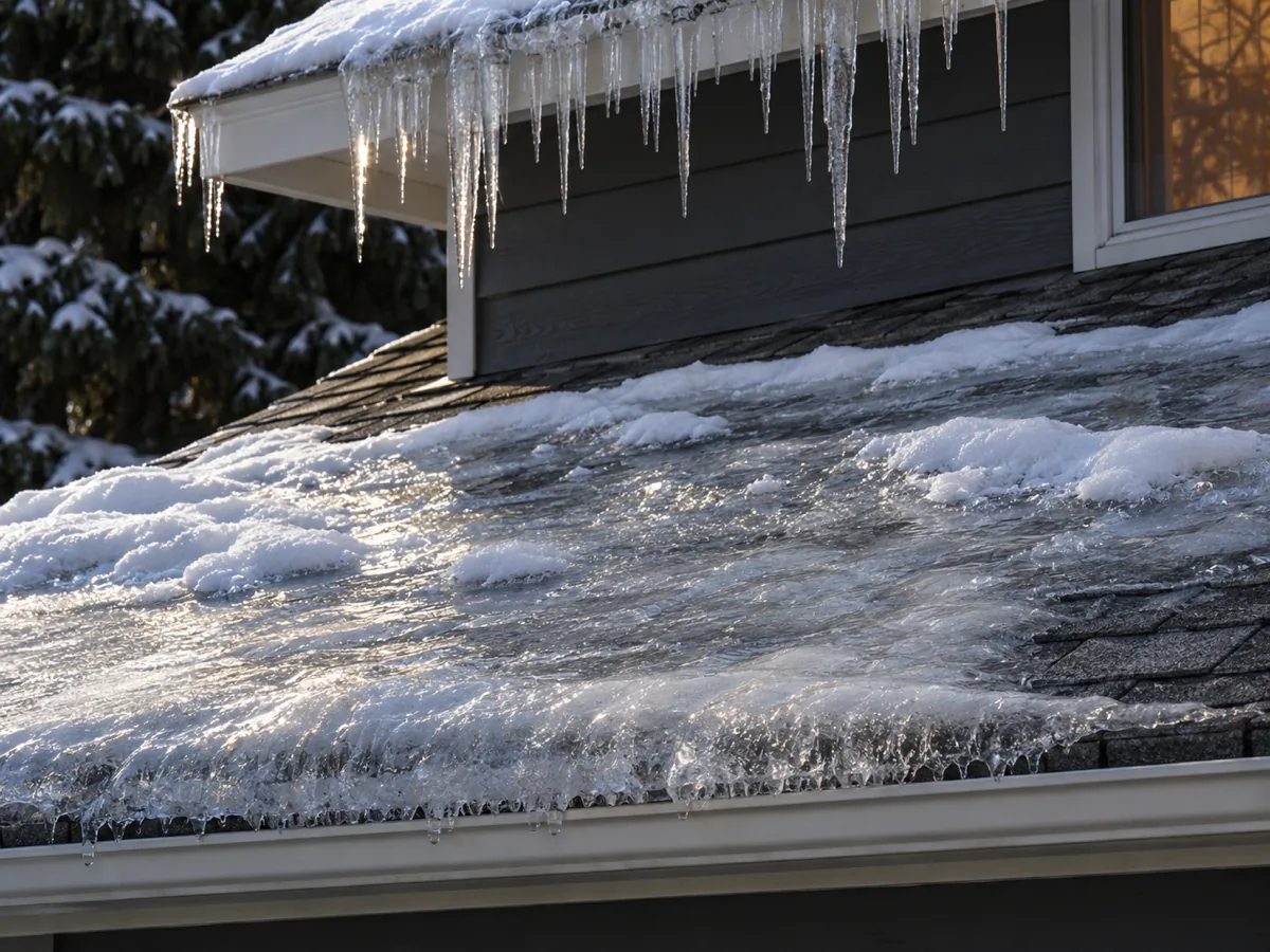 Thick ice built up on the lower roof of a Roseville split-level below where the upper roof drains