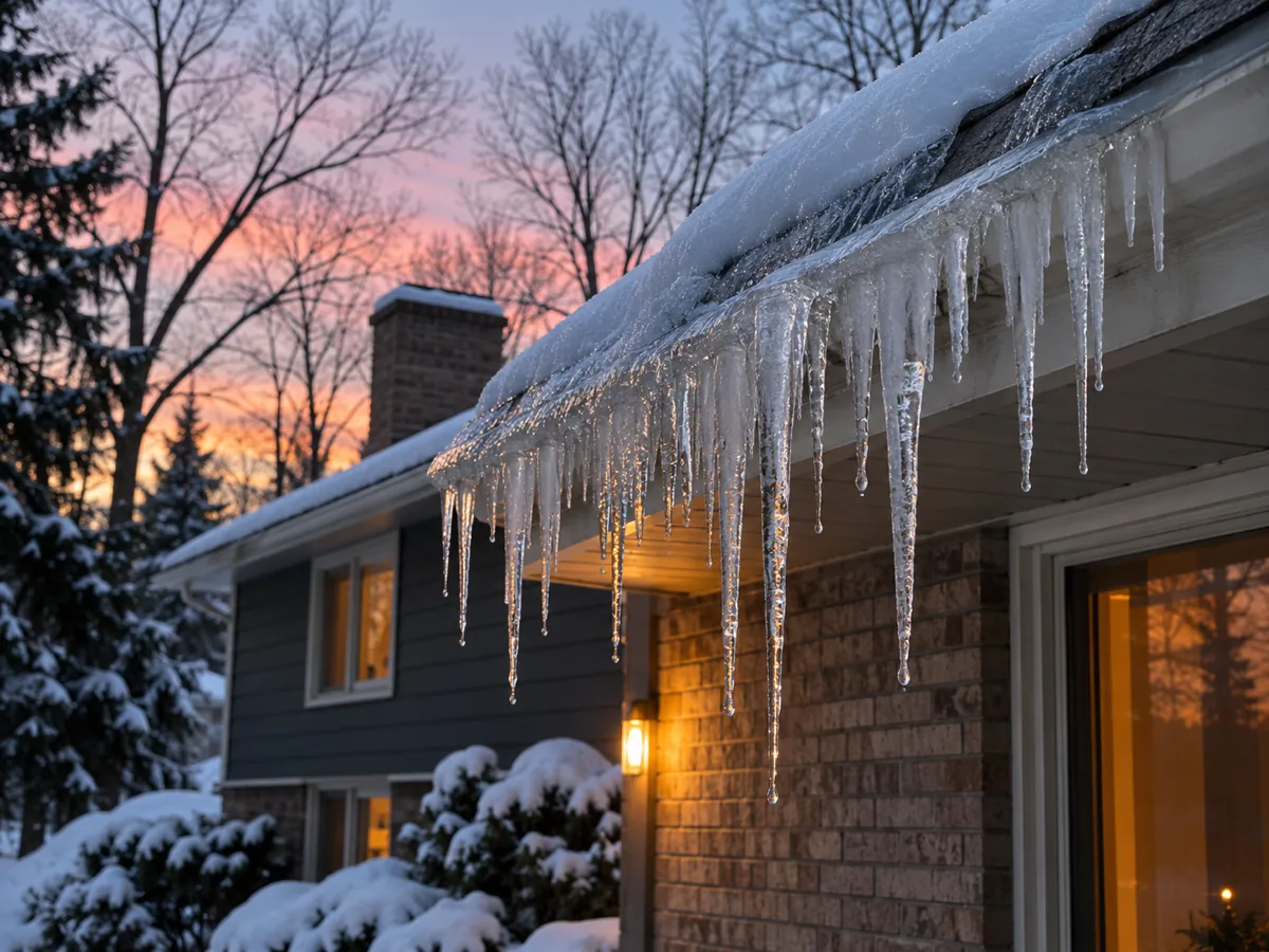 Afternoon meltwater refreezing into fresh icicles on a Roseville eave as a cold night sets in