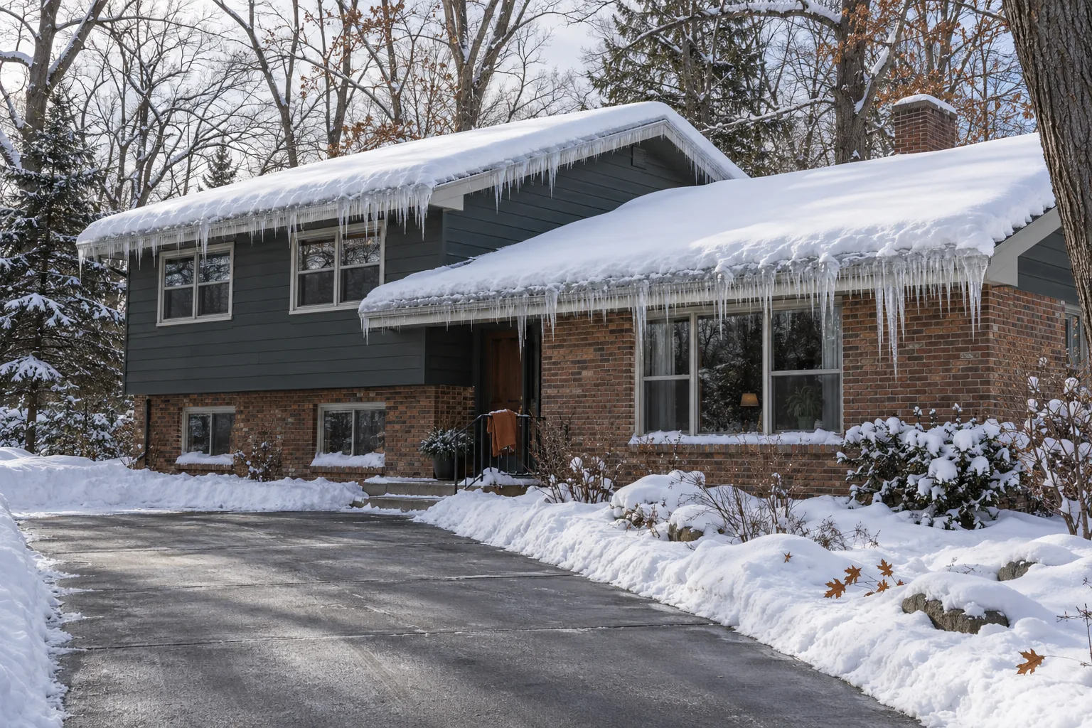 1960s Roseville split-level with ice dams where the upper roof drains onto the lower roof, under deep snow
