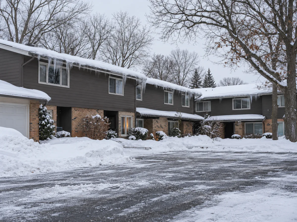 Attached townhomes in Roseville with ice dams along their shared eaves around a snowy parking court