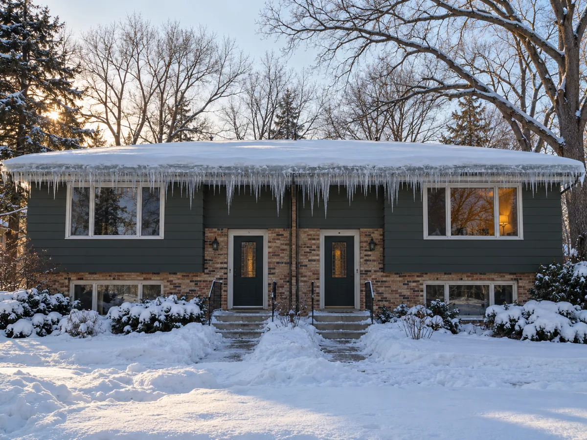 Ice dam running across the shared roof of a Roseville twin home, over both units