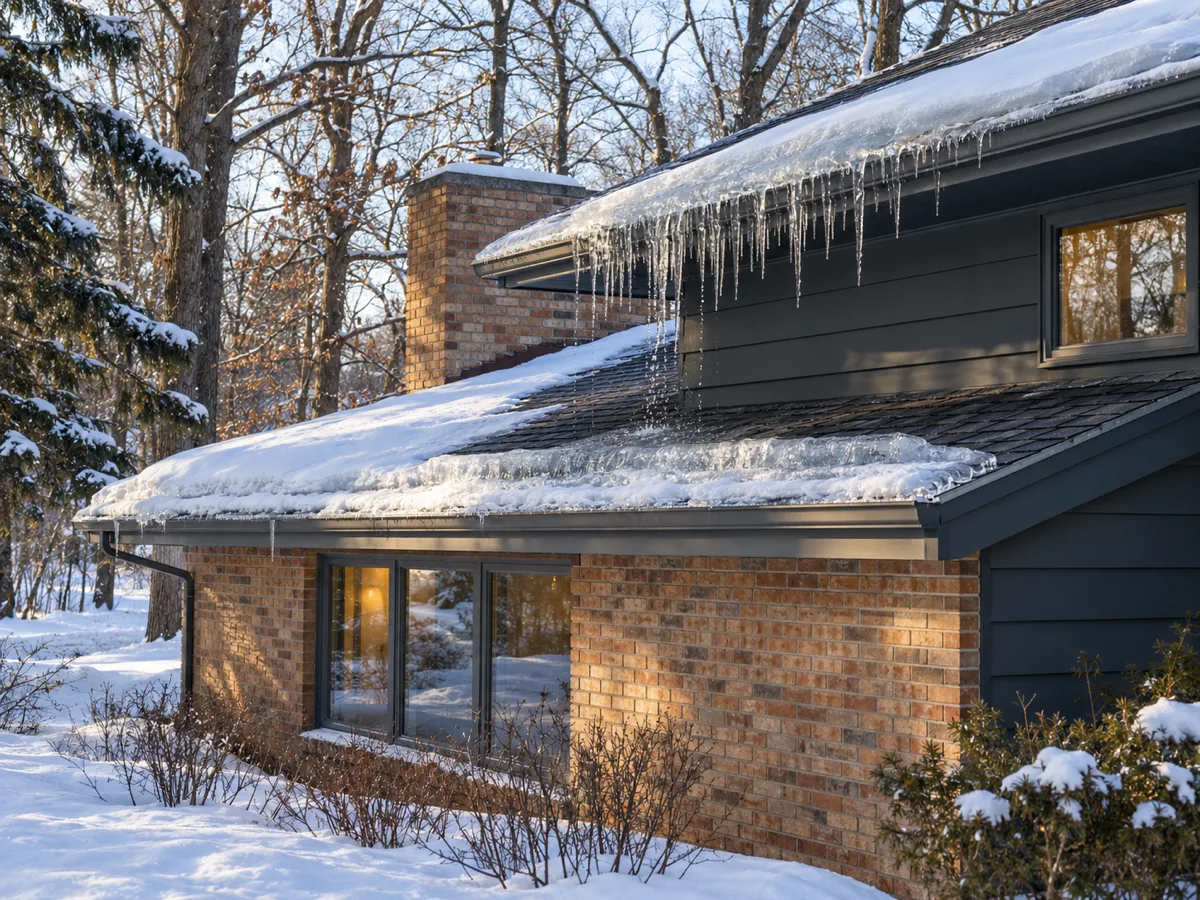 Upper roof of a Roseville split-level dripping onto the lower roof, where a second ice dam forms