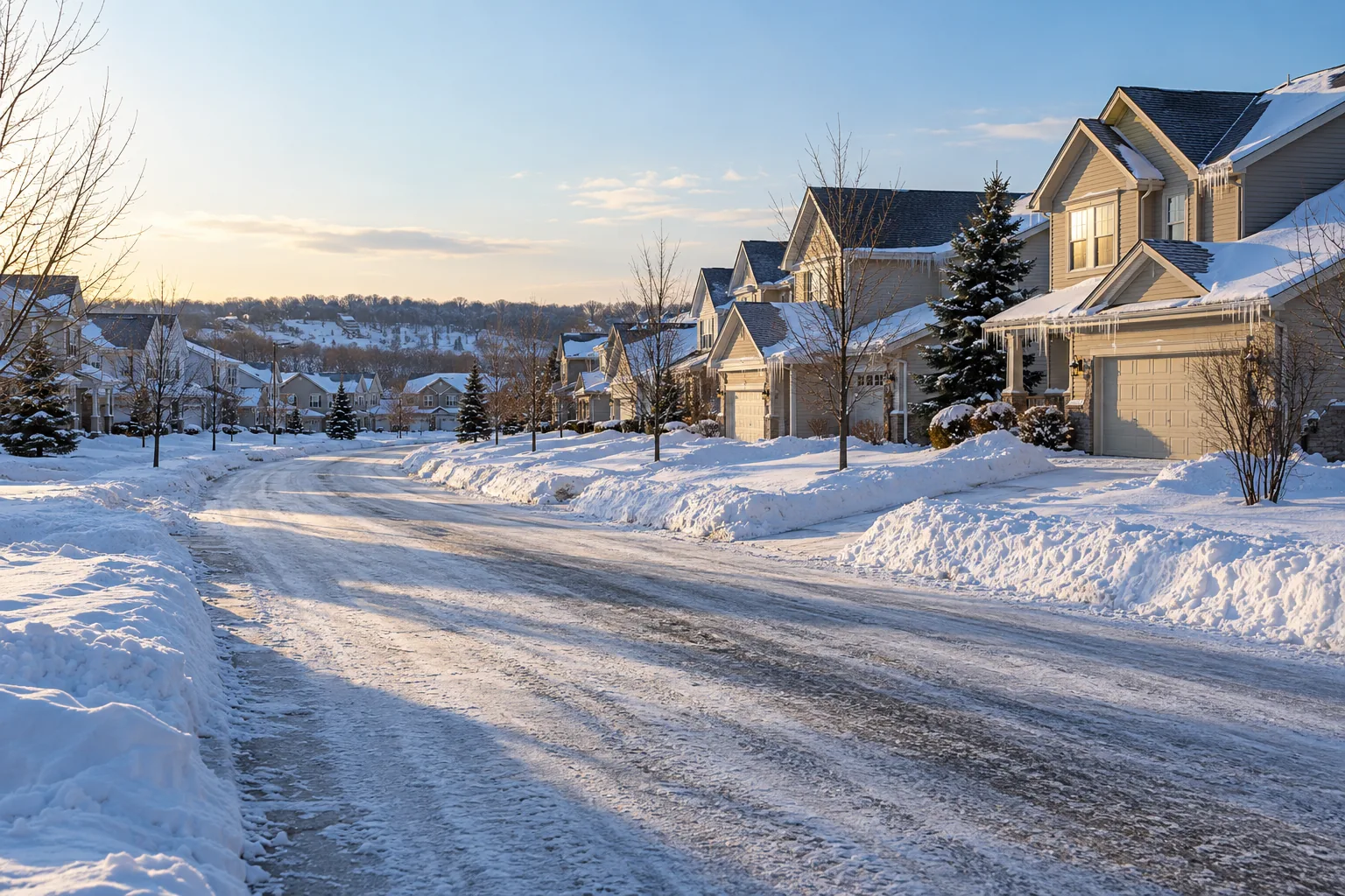 Snowy Shakopee, MN street of 2000s two-storey homes with icicles and ice dams along several eaves