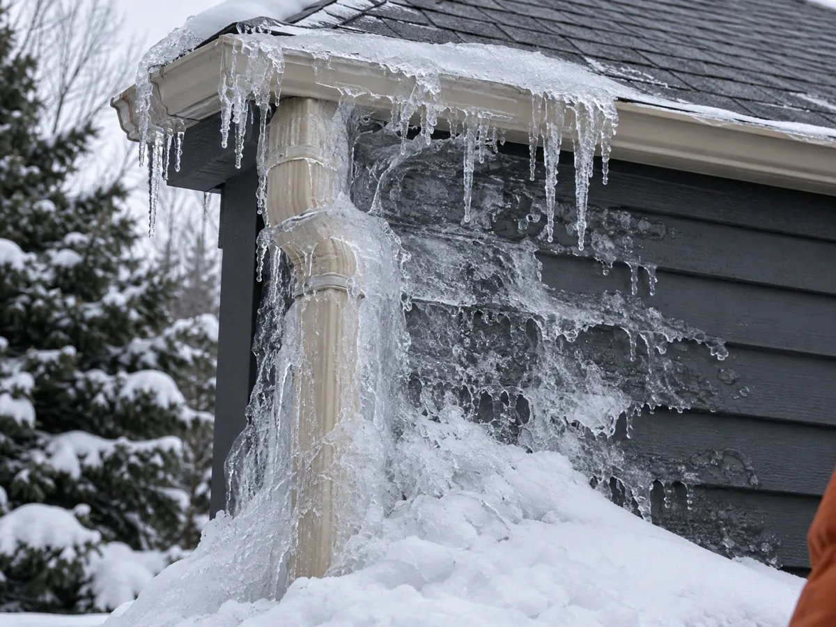Frozen downspout and gutter corner encased in ice on a Shakopee home, where an ice dam has nowhere to drain