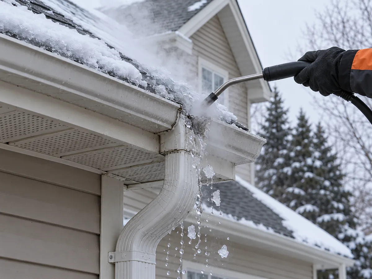 Steam wand melting ice out of a gutter outlet above a deck on a Shakopee home